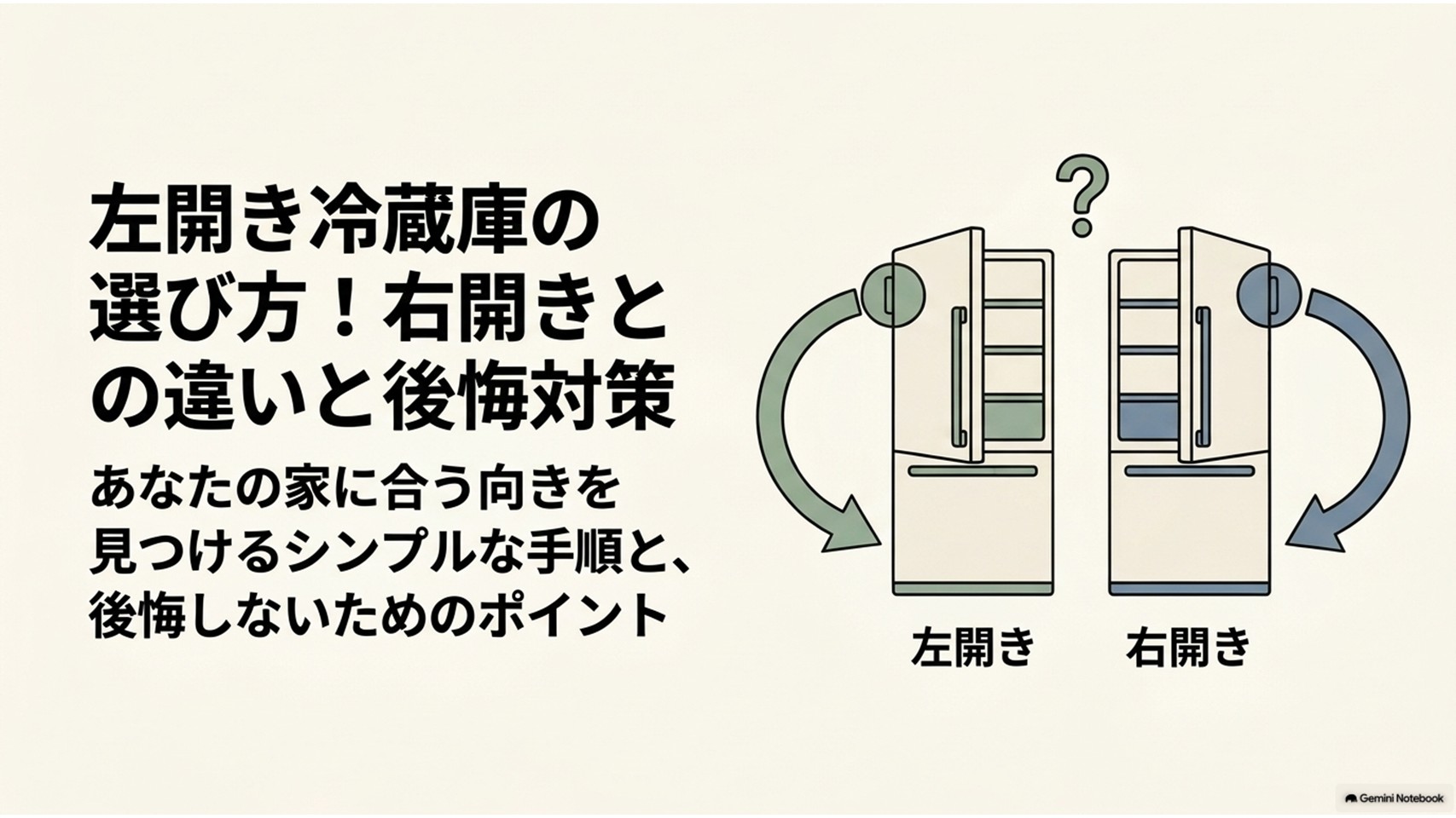 冷蔵庫の左開きと右開きの違いを左右2台の冷蔵庫イラストで比較し、キッチンの間取りに合う扉の向きを選ぶことが後悔防止につながると示した図。