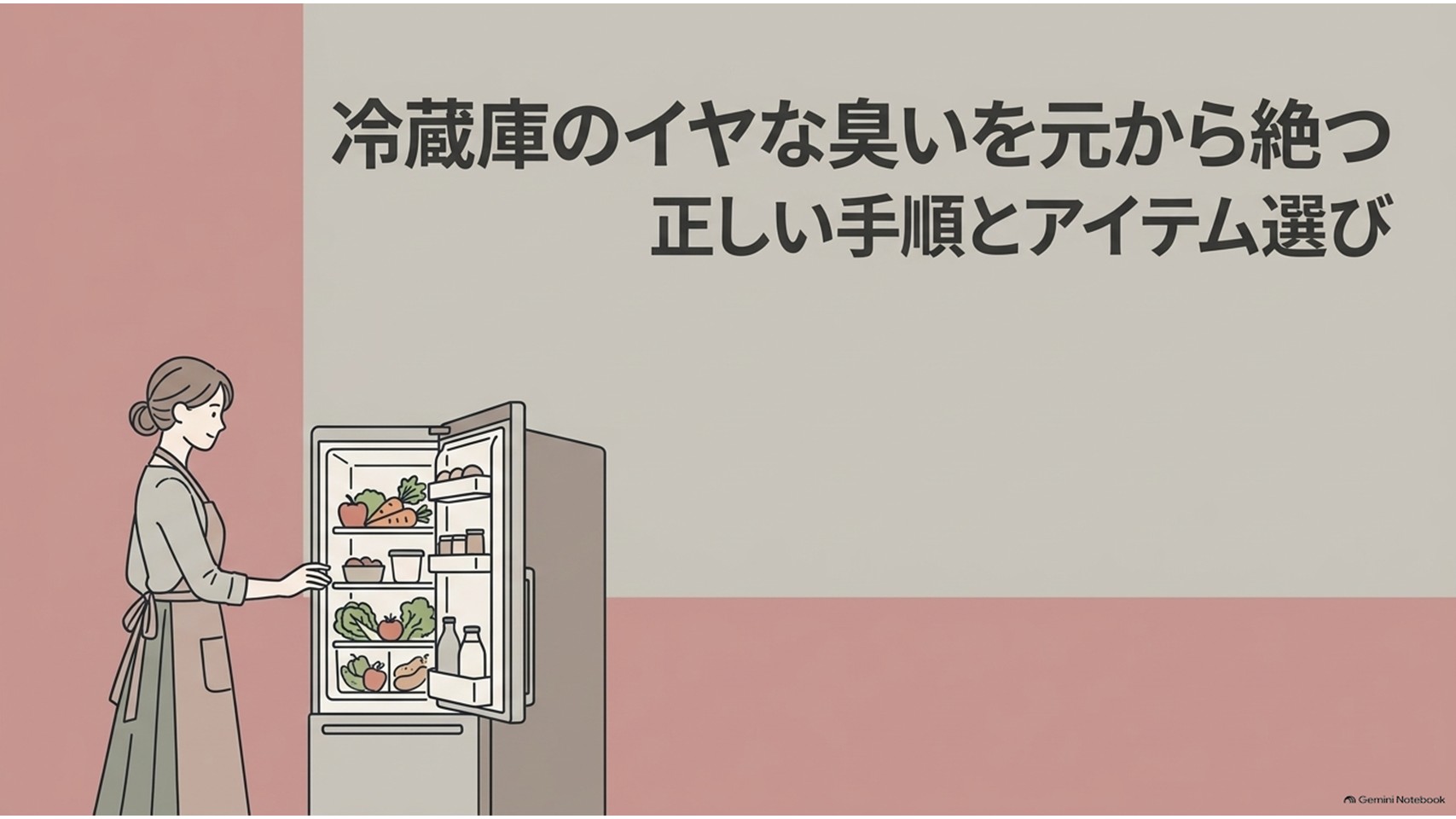 冷蔵庫の嫌な臭いを元から取り除くための正しい手順とアイテム選びを紹介するスライド。食品が入った冷蔵庫のドアを開けて庫内を確認する女性が描かれ、冷蔵庫の臭い対策全体の流れを表している。