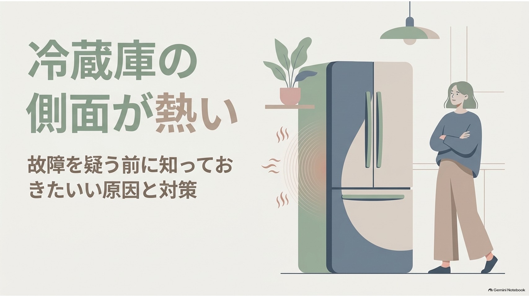 冷蔵庫の側面が熱くなる原因と故障を疑う前に確認したい対策を示すアイキャッチ画像。冷蔵庫の横に立つ女性と放熱を表す波線が描かれている。