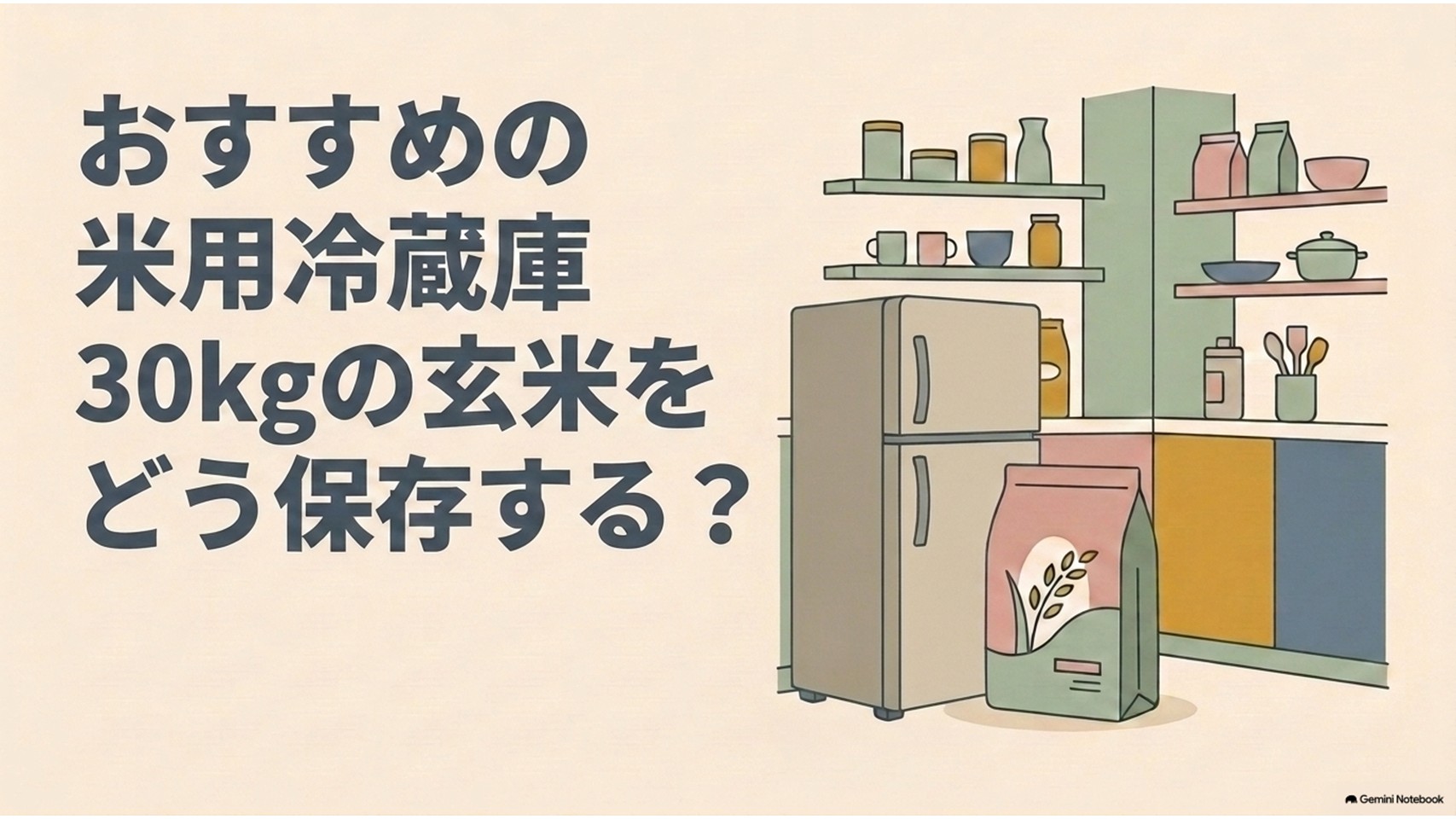 おすすめの米用冷蔵庫と30kgの玄米の保存方法を紹介するスライド。キッチンに置かれた冷蔵庫と大きな米袋のイラストを使い、玄米を長期間どこに保存するかという記事全体のテーマを表している。