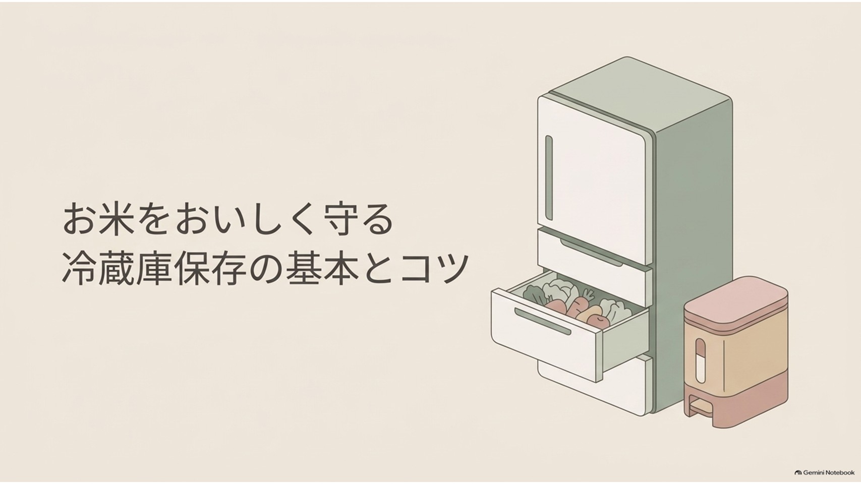 お米をおいしく保存するための冷蔵保存の基本とコツを紹介するスライド。冷蔵庫の野菜室と米びつのイラストを使い、お米を暑さや湿気から守って保存する方法をイメージしやすく示している。