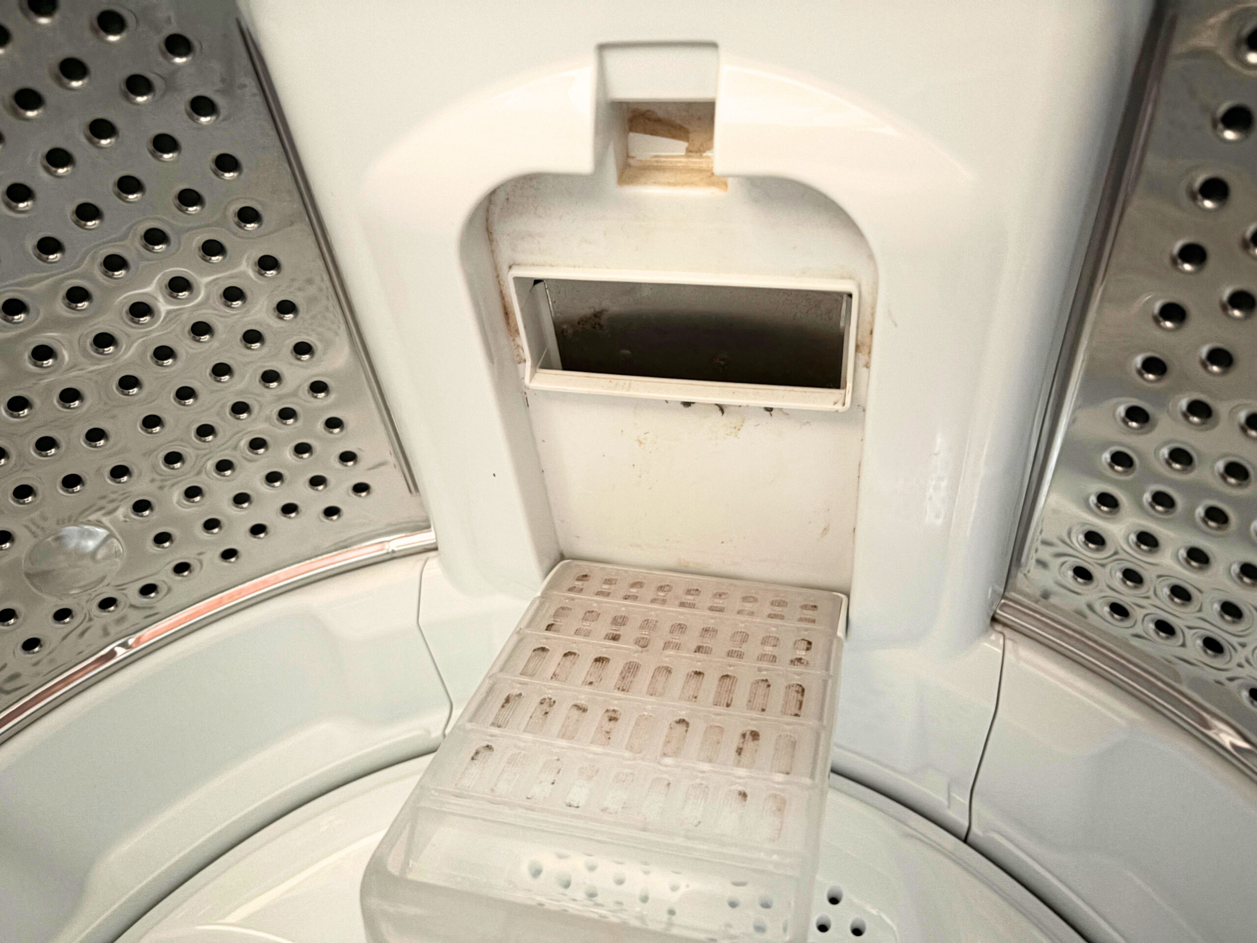 洗濯機の糸くずフィルターを外した取り付け部に茶色や黒っぽい汚れが残っている様子