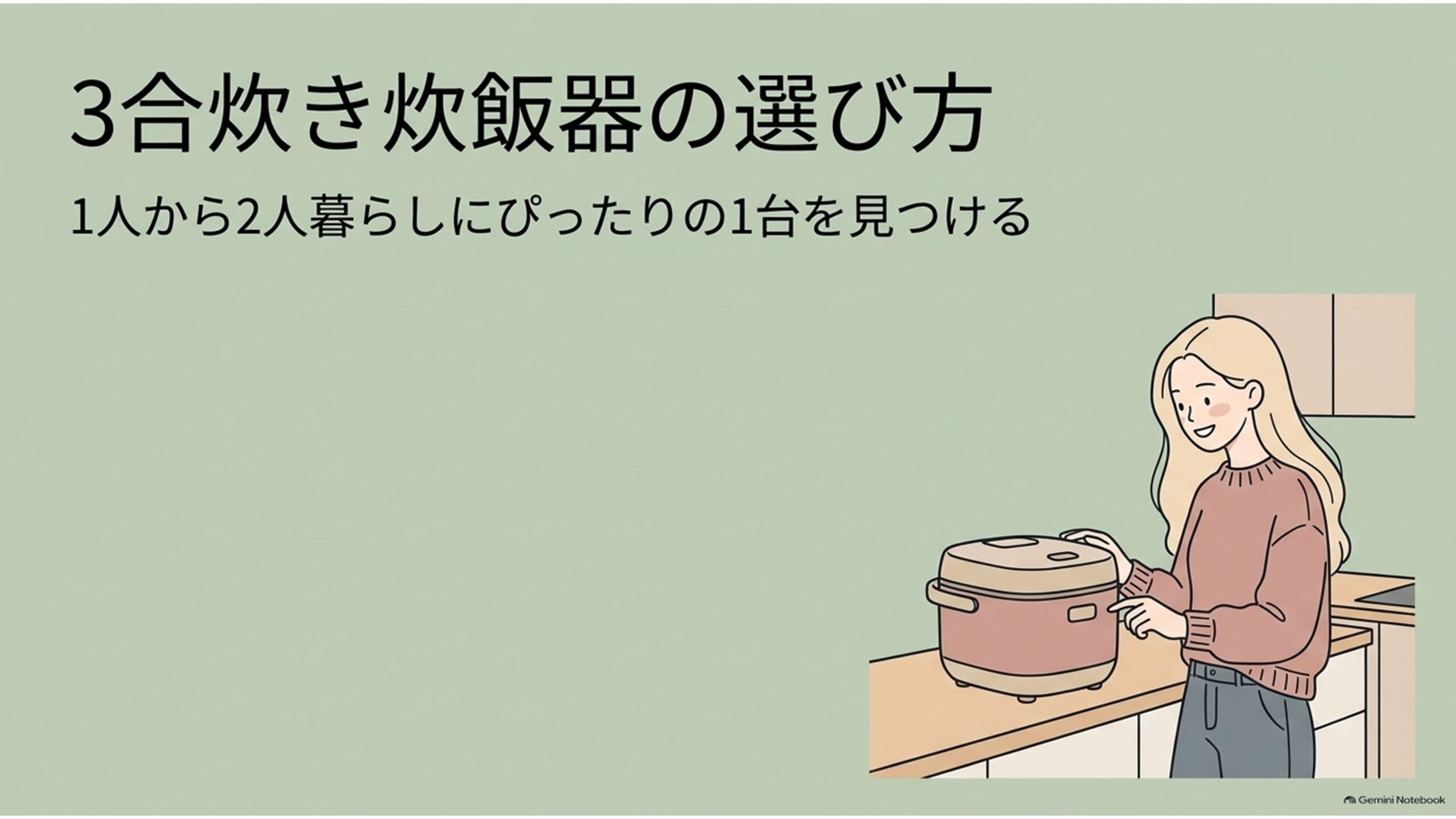 3合炊き炊飯器の選び方を紹介するタイトルスライド。「1人から2人暮らしにぴったりの1台を見つける」という副題とともに、キッチンに置かれたコンパクトな炊飯器を操作する女性のイラストを掲載。一人暮らしや二人暮らしに適した炊飯器の容量、加熱方式、冷凍ご飯機能、お手入れのしやすさを比較する記事の導入画像。