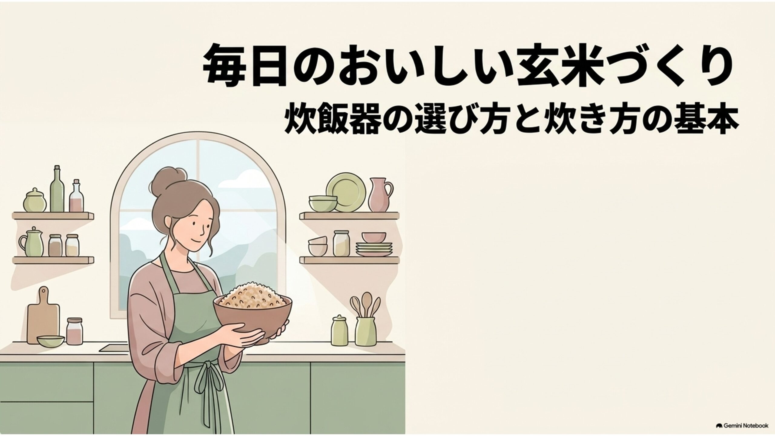 毎日のおいしい玄米づくりをテーマに、炊飯器の選び方と玄米の炊き方の基本を紹介するスライド。明るいキッチンでエプロン姿の女性が炊きたての玄米ごはんを盛った器を持っているイラストが描かれ、玄米モードや炊飯時間、浸水方法を解説する記事の導入を表している。