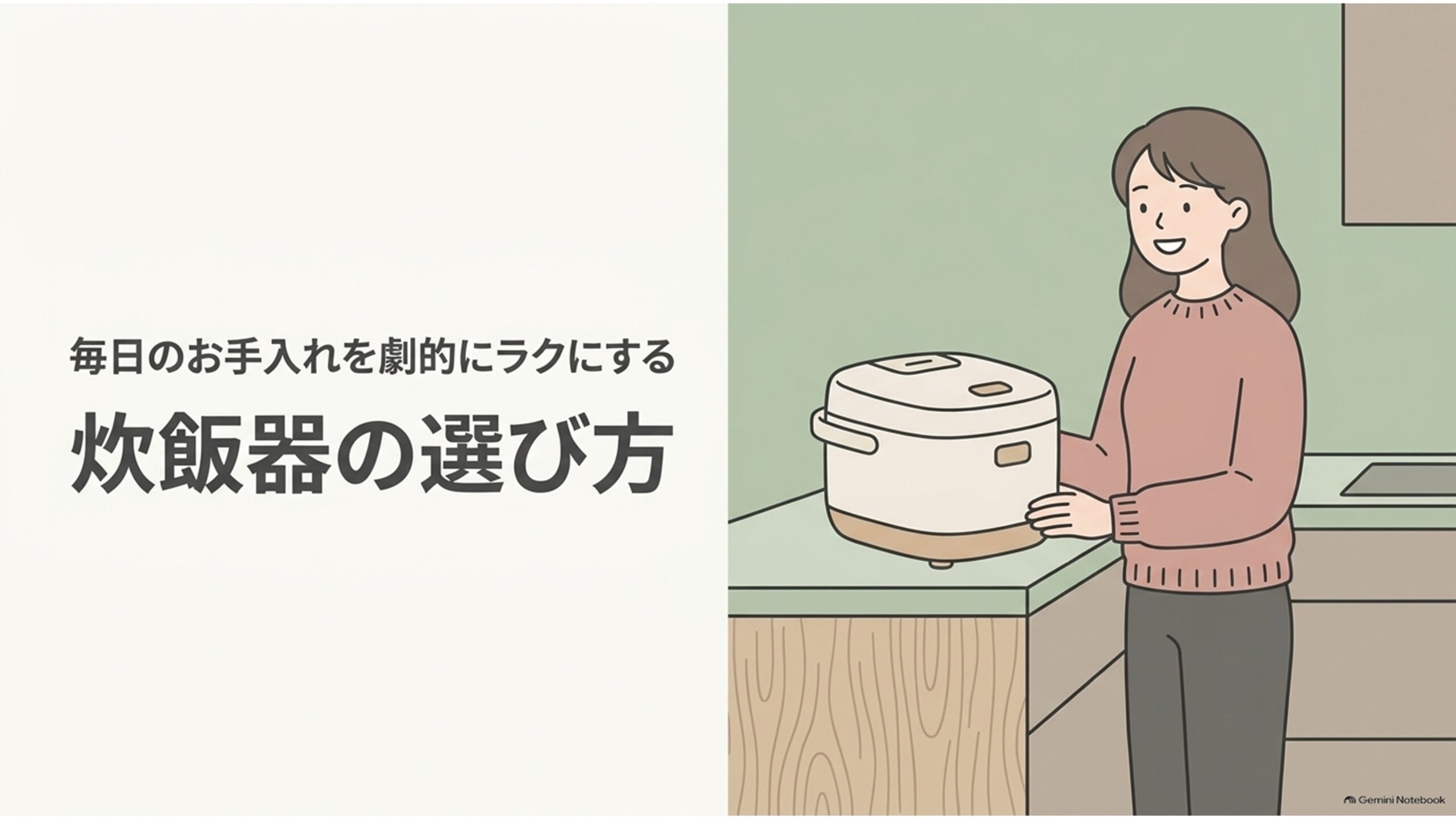 毎日のお手入れを劇的にラクにする炊飯器の選び方を紹介するタイトルスライド。キッチンのカウンターに置かれた炊飯器に女性が手を添えているイラストと、「炊飯器の選び方」という大きな文字が描かれている。