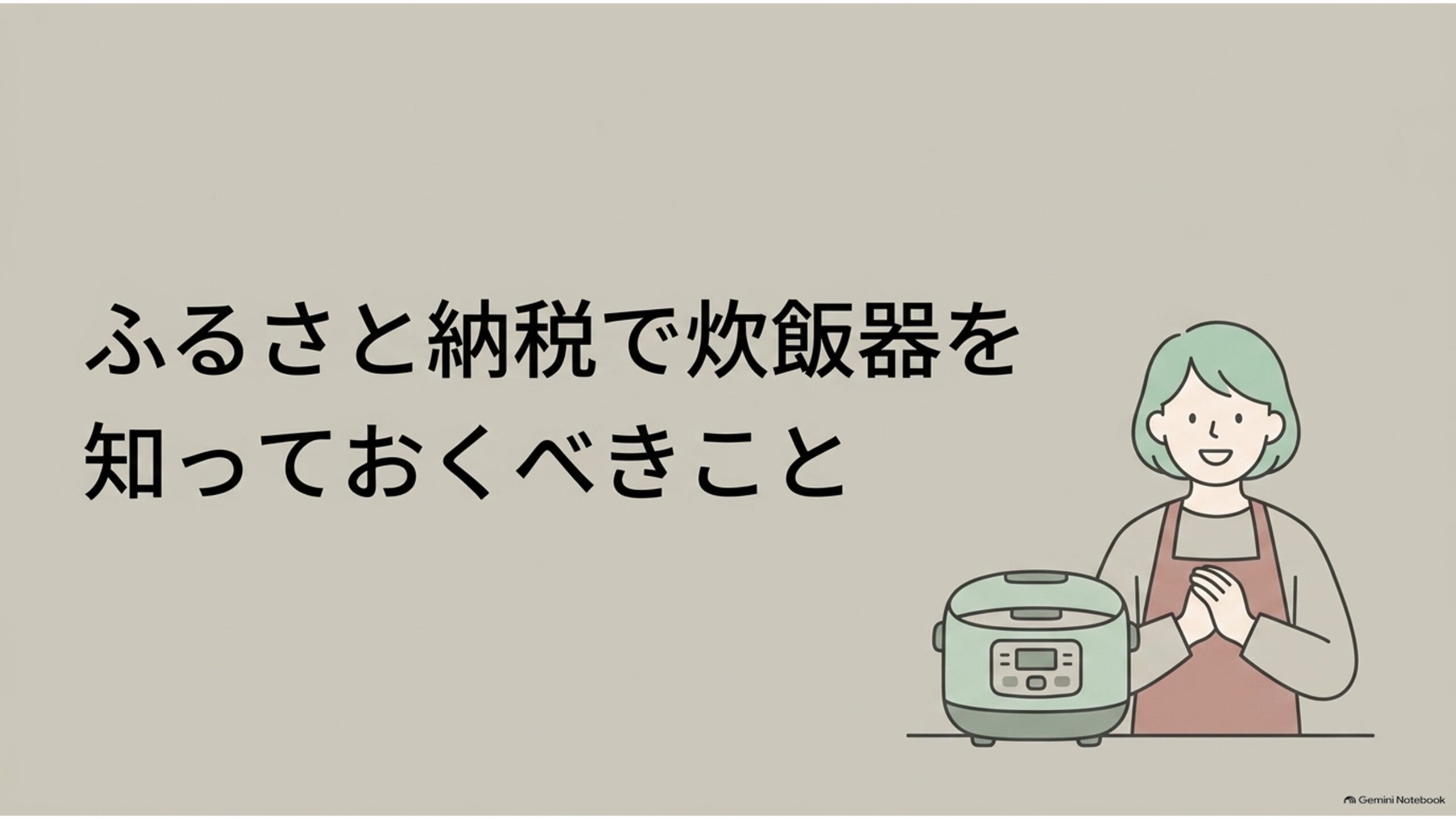ふるさと納税で炊飯器を選ぶ際に知っておきたい基本情報を紹介するスライド。炊飯器の隣にエプロン姿の女性が立つイラストとともに、寄付額や控除上限、買い替えのタイミング、容量や機能の選び方を確認することの大切さを伝えている。