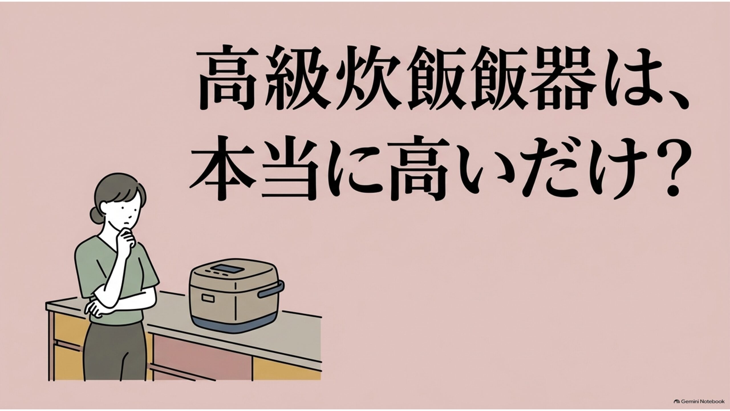 「高級炊飯器は、本当に高いだけ？」という見出しと、キッチンに置かれた炊飯器を前に購入を迷う女性を描いたイラスト。高級炊飯器と中価格帯の炊飯器の違いを、炊き上がりの味や便利な機能、毎日の使用頻度から比較し、価格差に見合う価値があるのかを考える記事の導入スライド。