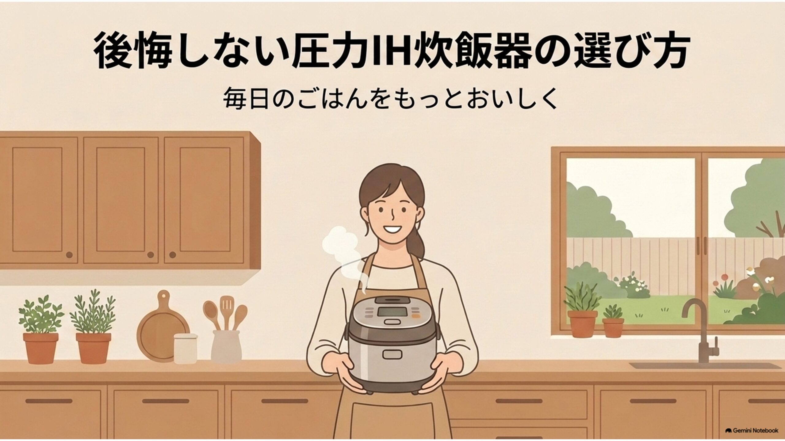「後悔しない圧力IH炊飯器の選び方」をテーマにしたスライド。明るく温かみのあるキッチンで、エプロン姿の女性が炊飯器を持っているイラストと、「毎日のごはんをもっとおいしく」というメッセージが描かれている。圧力IH炊飯器の特徴や選び方を紹介する記事の導入画像。