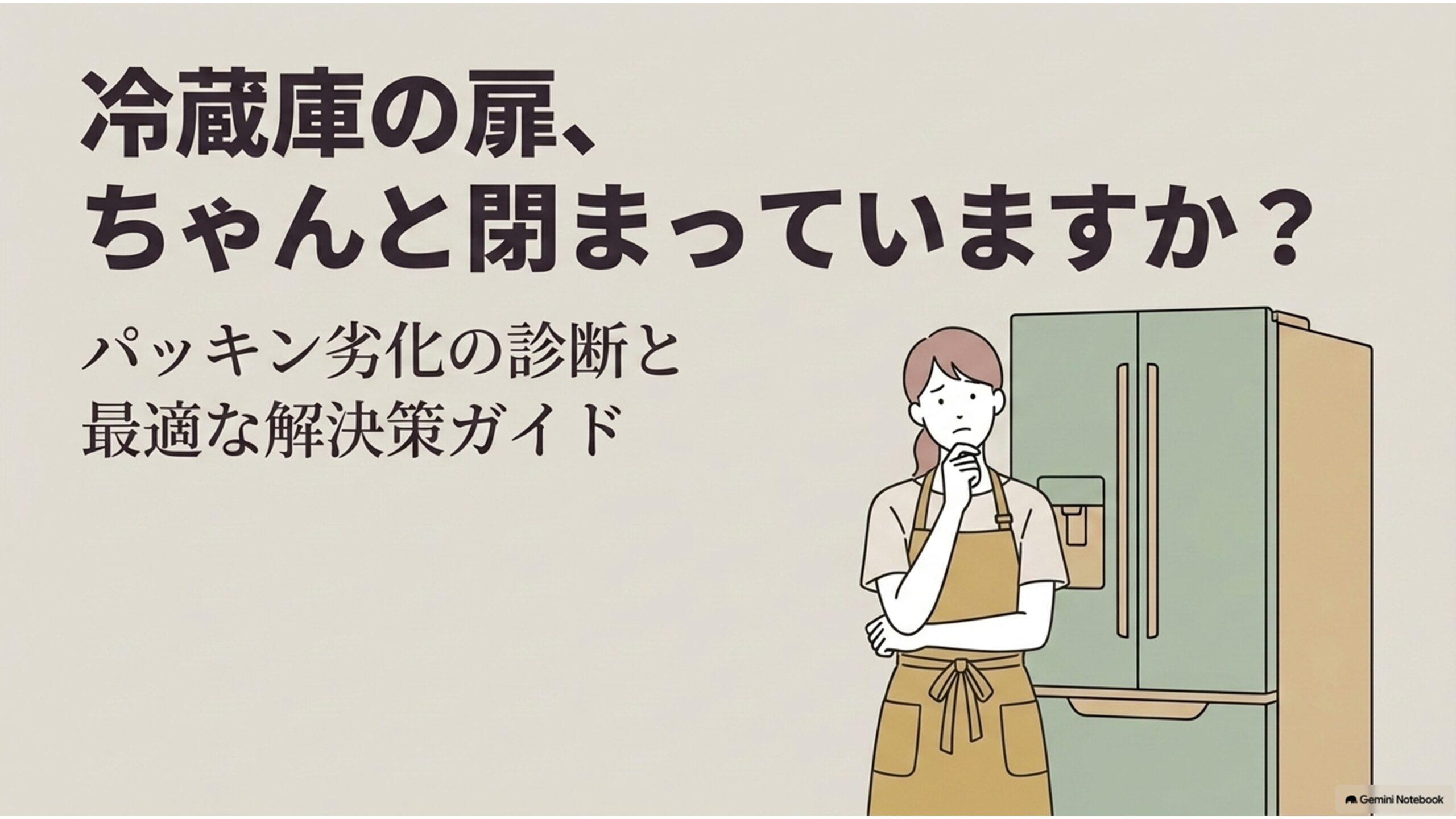 冷蔵庫の扉がきちんと閉まっているか悩む女性と冷蔵庫を描き、ドアパッキンの劣化診断と交換・修理などの解決策を紹介するスライド。