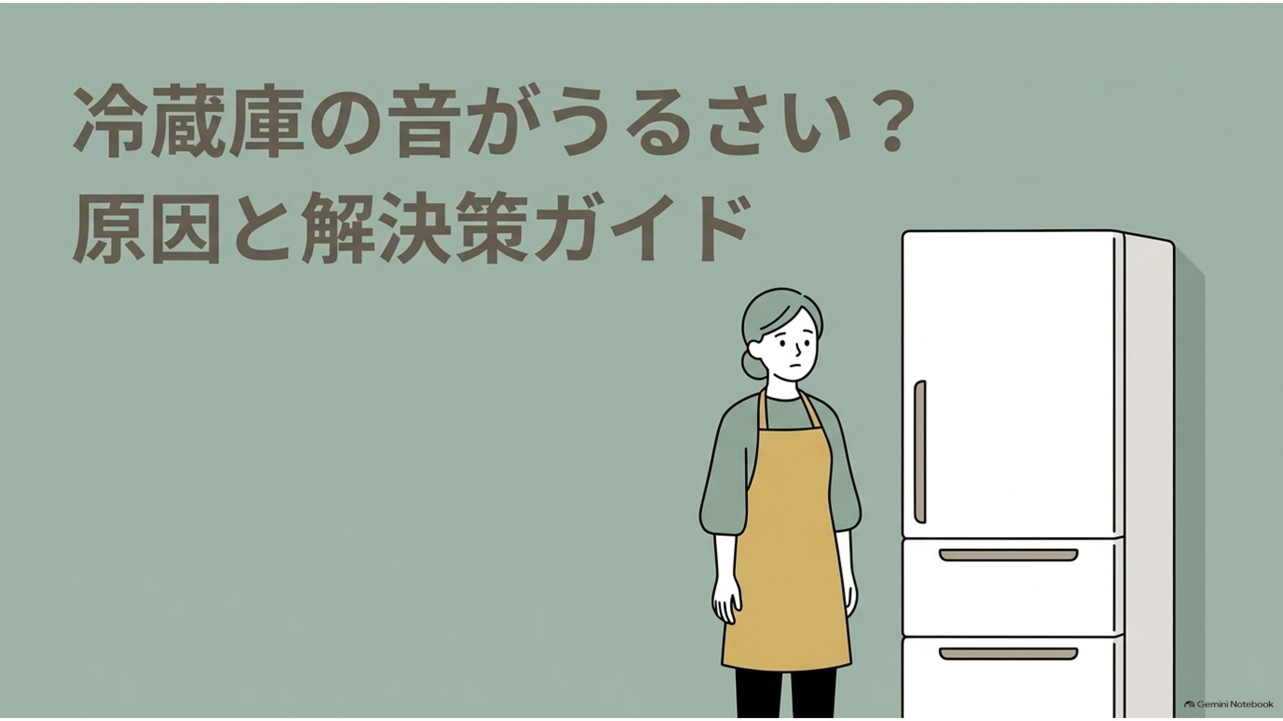 「冷蔵庫の音がうるさい？原因と解決策ガイド」というタイトルのスライド。緑色の背景に白い冷蔵庫と、運転音が気になって不安そうにしている女性が描かれている。冷蔵庫のブーン音や異音の原因、正常な運転音と故障の見分け方、自分でできる騒音対策を解説する記事の導入画像。
