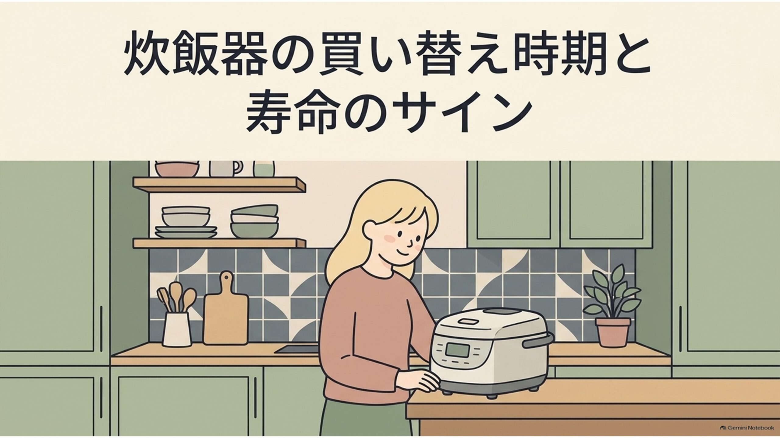 炊飯器の寿命と買い替え時期を解説するアイキャッチ画像。落ち着いたグリーンのキッチンで、女性が炊飯器を確認している様子が描かれている。炊飯器の平均寿命である6年前後の目安や、故障のサイン、修理と買い替えの判断基準を紹介する記事のメインビジュアル。