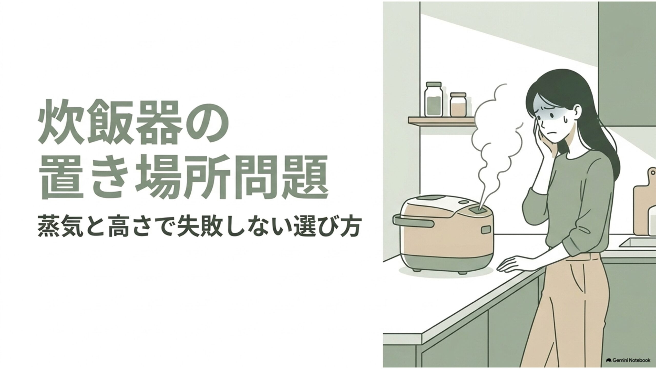 炊飯器の置き場所選びで注意したい蒸気と高さの問題を紹介するスライド。キッチンカウンターに置いた炊飯器から湯気が立ち上り、収納スペースや置き場所に悩む女性が描かれている。蒸気による棚への影響や、ふたを開けたときの高さを確認する重要性を伝えている。