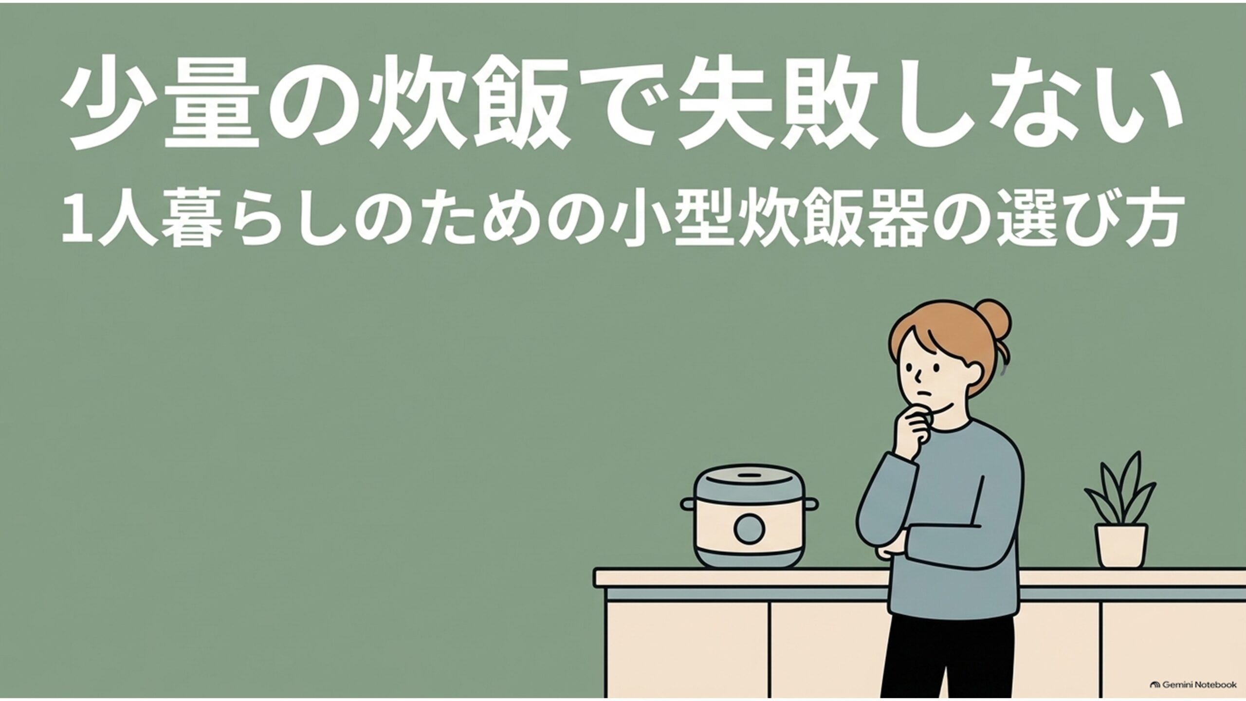 一人暮らし向けの小型炊飯器の選び方を紹介するスライド。キッチンに置かれたコンパクトな炊飯器を見ながら、どの機種を選べばよいか考える女性が描かれている。0.5合から1合の少量炊飯でもおいしくごはんを炊くための選び方がテーマ。