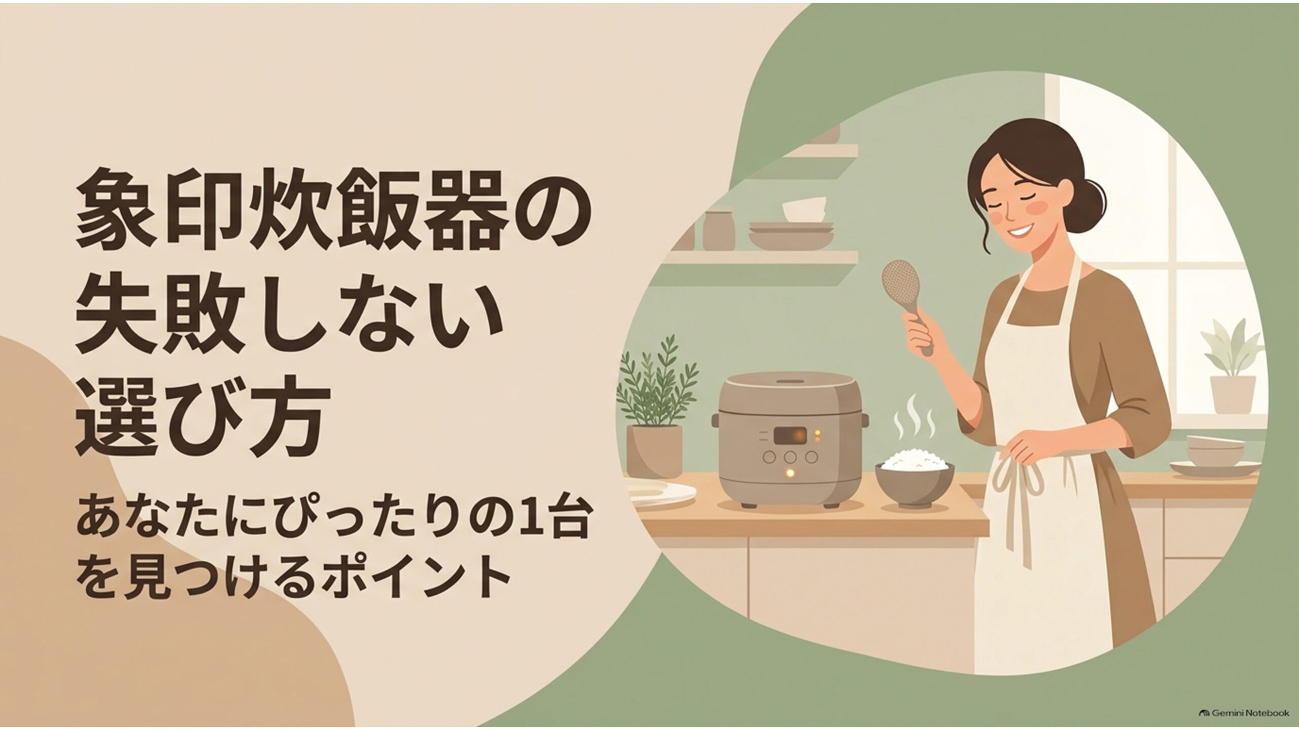 象印炊飯器の失敗しない選び方を紹介するアイキャッチ画像。キッチンで炊飯器と炊きたてのごはんを前に、しゃもじを持って微笑む女性が描かれている。「象印炊飯器の失敗しない選び方」「あなたにぴったりの1台を見つけるポイント」という文字が入り、炎舞炊きと極め炊きの違いや、自分に合う炊飯器を選ぶためのポイントを紹介している。