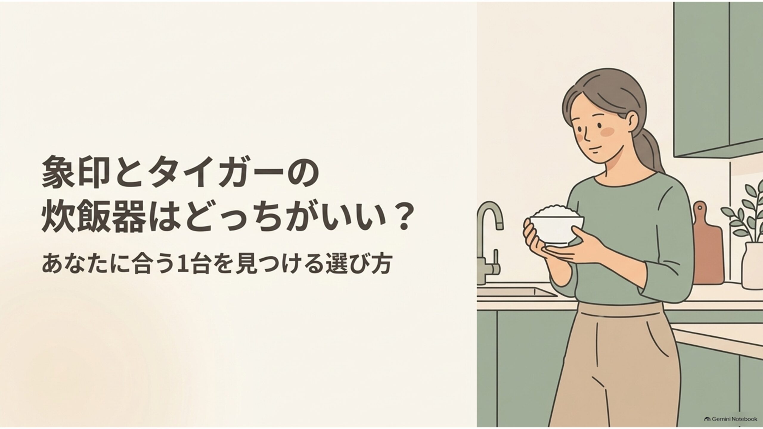 象印とタイガーの炊飯器はどっちがいいのかを比較する記事のメイン画像。キッチンで炊きたての白いごはんが入った茶碗を持つ女性のイラストと、「象印とタイガーの炊飯器はどっちがいい？あなたに合う1台を見つける選び方」というタイトルが描かれている。食感・保温・お手入れ・予算から炊飯器を選ぶためのガイド。